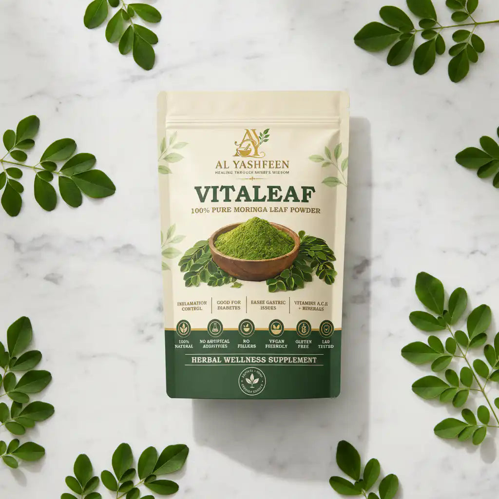 Vitaleaf flat-lay with moringa leaves