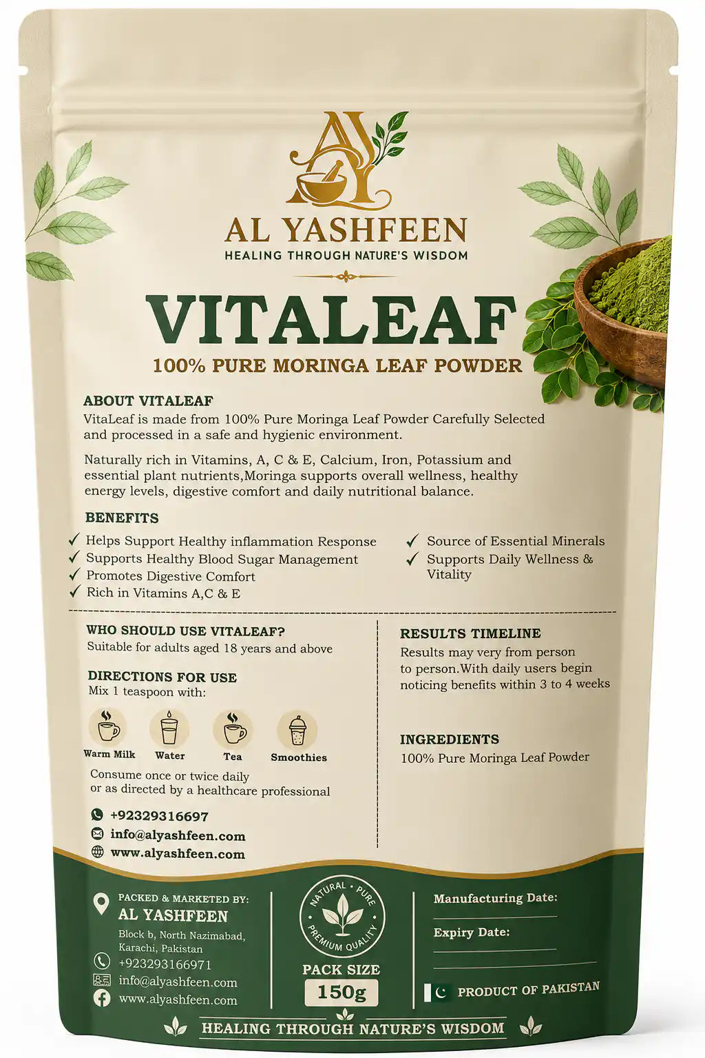 Vitaleaf moringa powder in use